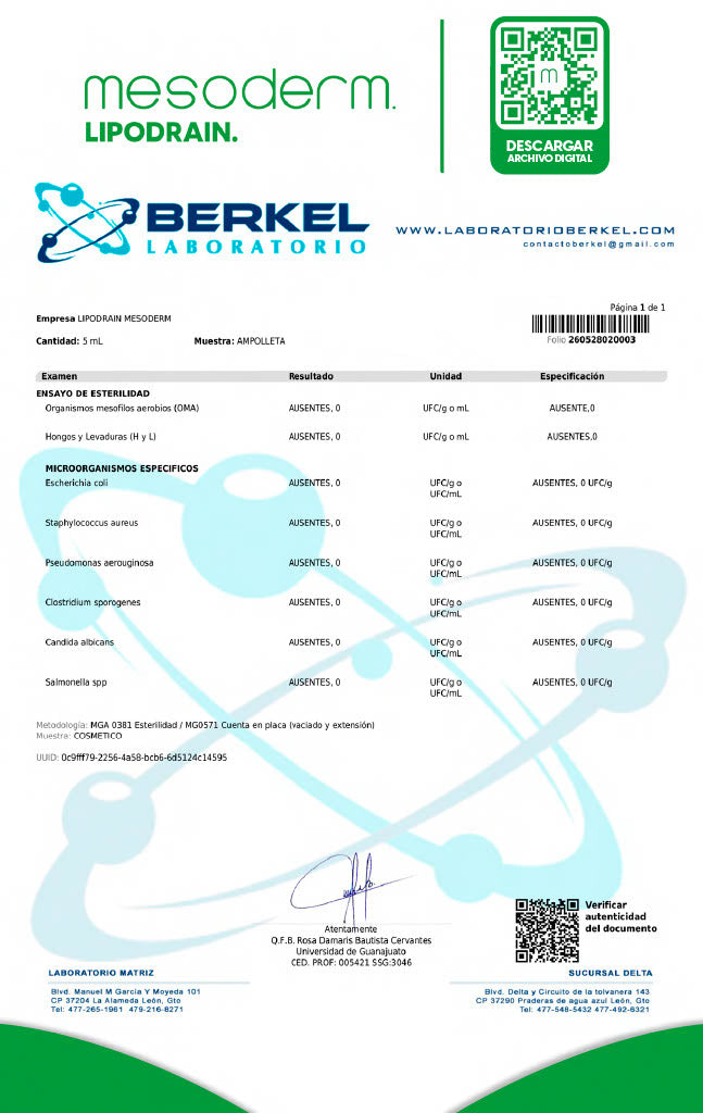 Certificado Lipodrain Lote MS0126DR