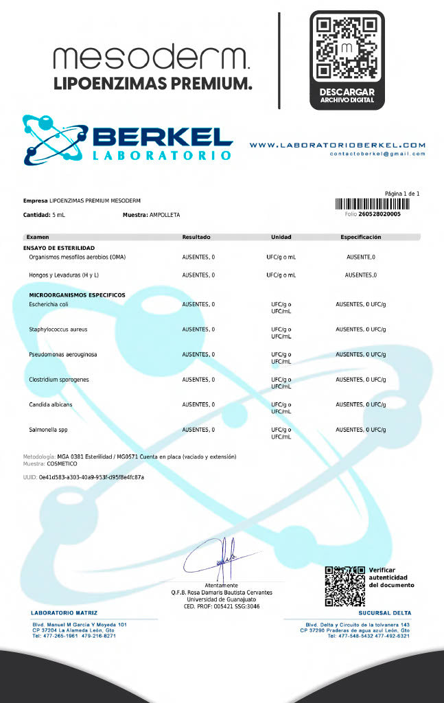 Certificado Lipoenzimas Premium Lote MS0326LP