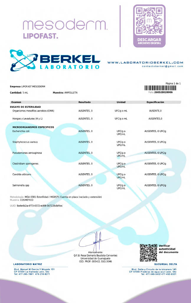 Certificado Lipofast Lote MS0126LF