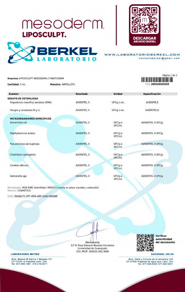 Certificado Liposculpt Lote MS0326SC