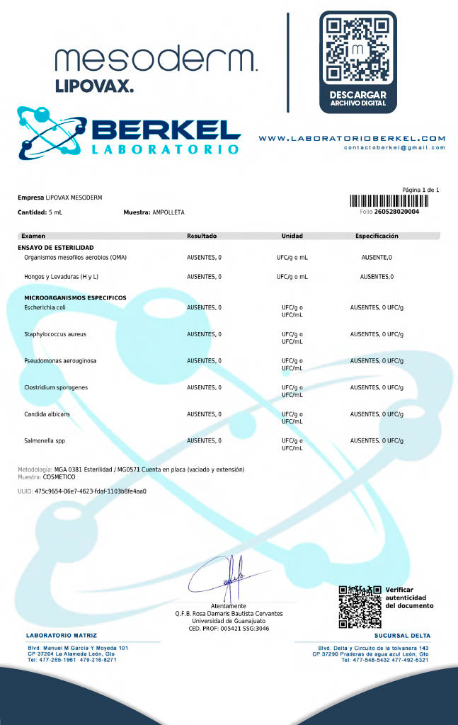 Certificado Lipovax Lote MS0226VX